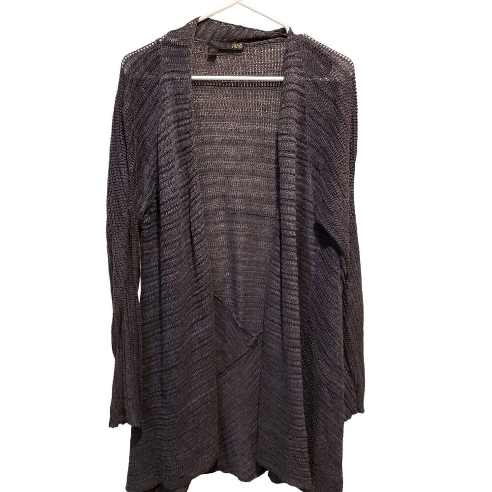 Eileen Fisher Gray Open Knit 100% Linen Open Front Cardigan Size Medium